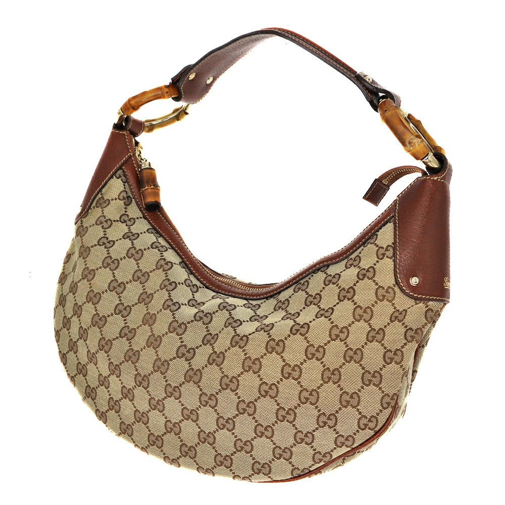 GUCCI Hobo Bag GG Canvas Leather Bamboo Beige Brown Handbag Shoulder Daily